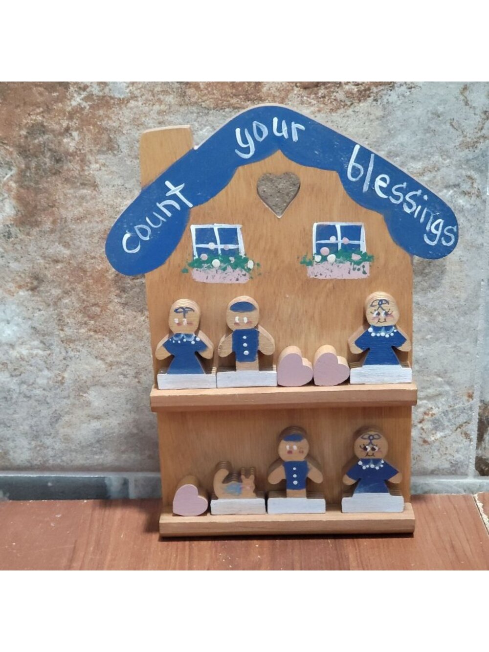 Vintage Wooden Folk Art Shelf Count Your Blessings Peg Doll Family Country Decor